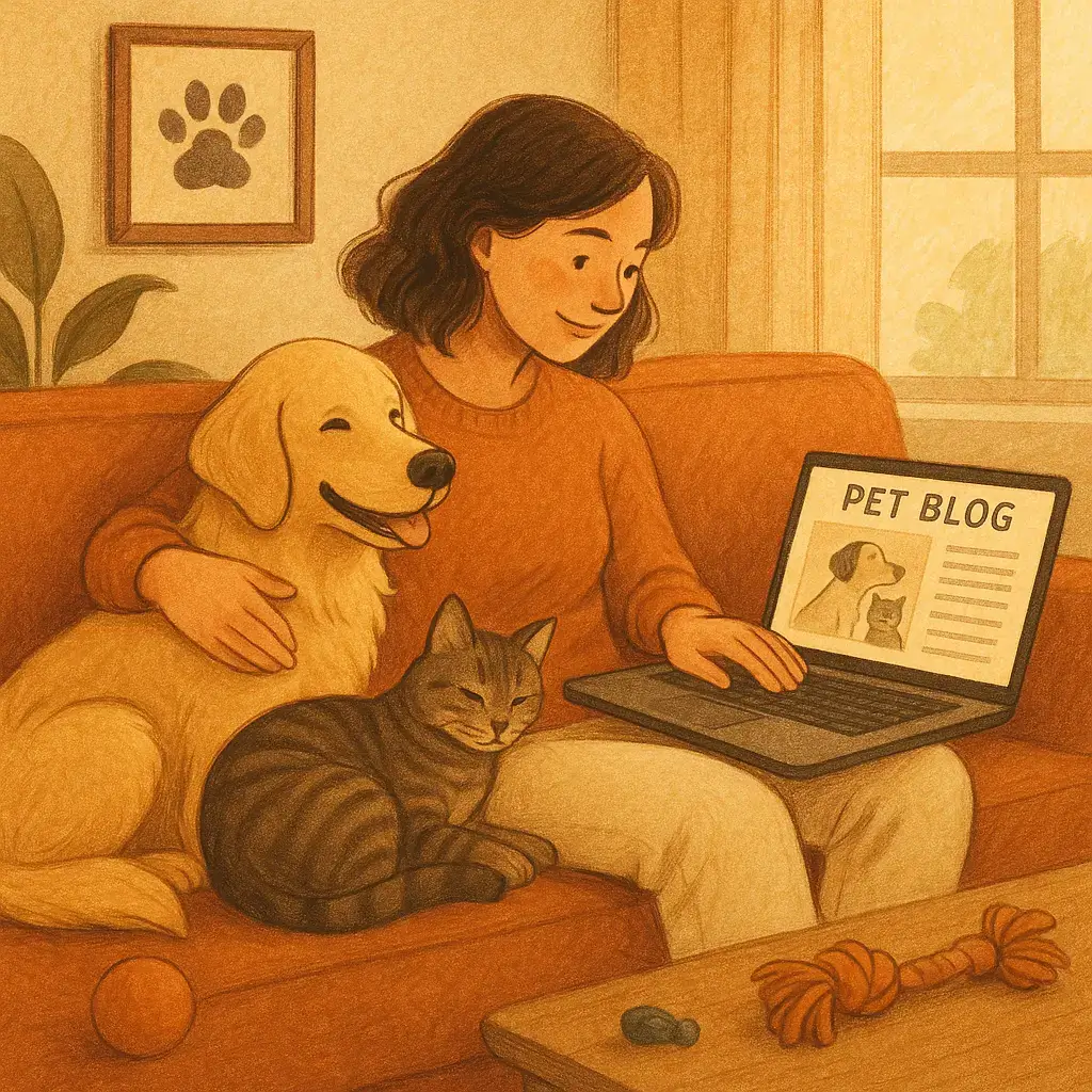 Photorealistic lifestyle scene of woman with pets on couch reading pet blog A photorealistic warm-toned image of a woman on a couch with a golden retriever and a tabby cat, using a laptop to read a pet blog, surrounded by pet toys and soft lighting