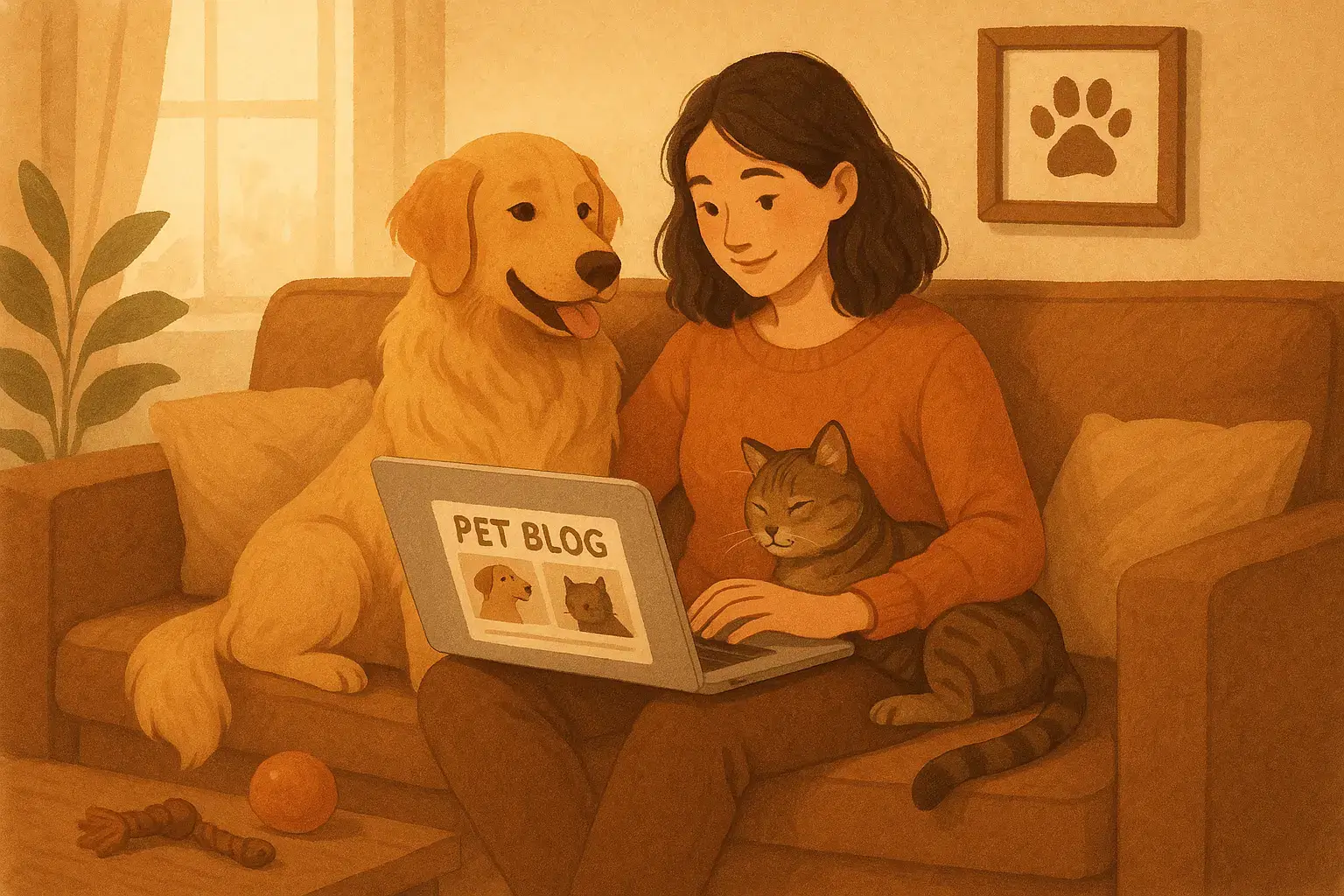 Warm editorial illustration of woman with golden retriever and tabby cat browsing pet blog A cozy illustration of a woman on a couch with a golden retriever and tabby cat, browsing a pet blog on her laptop, with toys and framed paw print in a warmly lit room