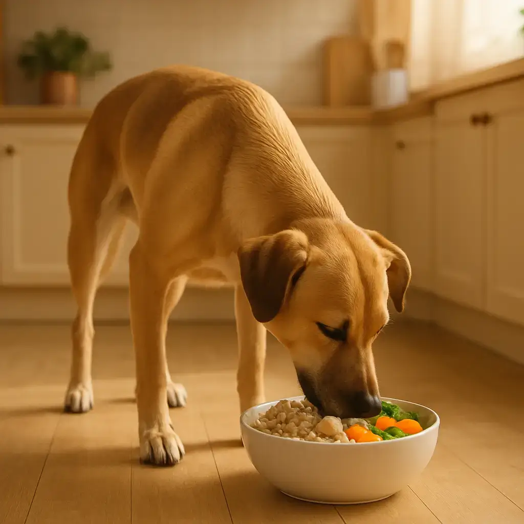 Alimentação saudável cão: ingredientes seguros e nutritivos Cão comendo refeição caseira balanceada com ingredientes saudáveis