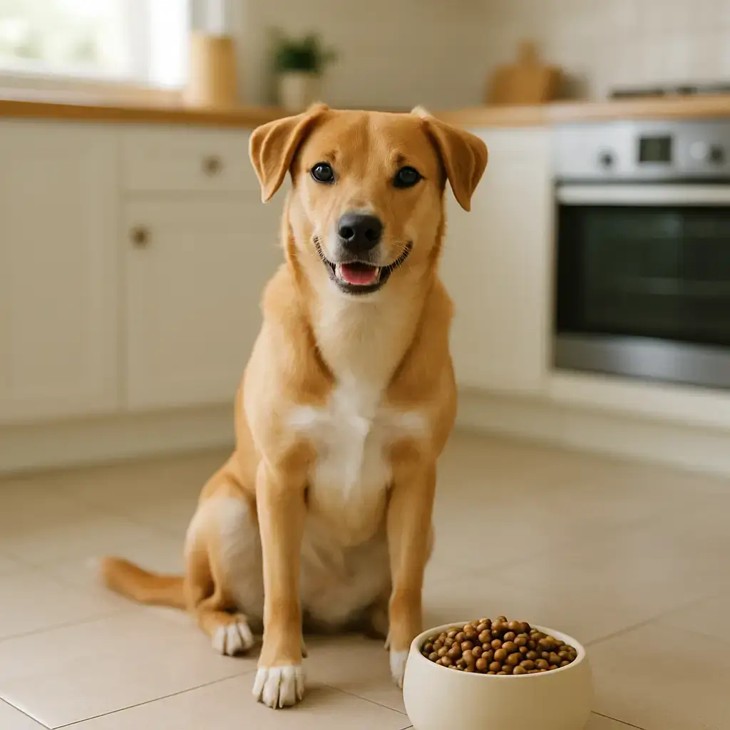 Como escolher ração para oferecer alimentação saudável ao cão Cão feliz observando seu pote com ração saudável equilibrada