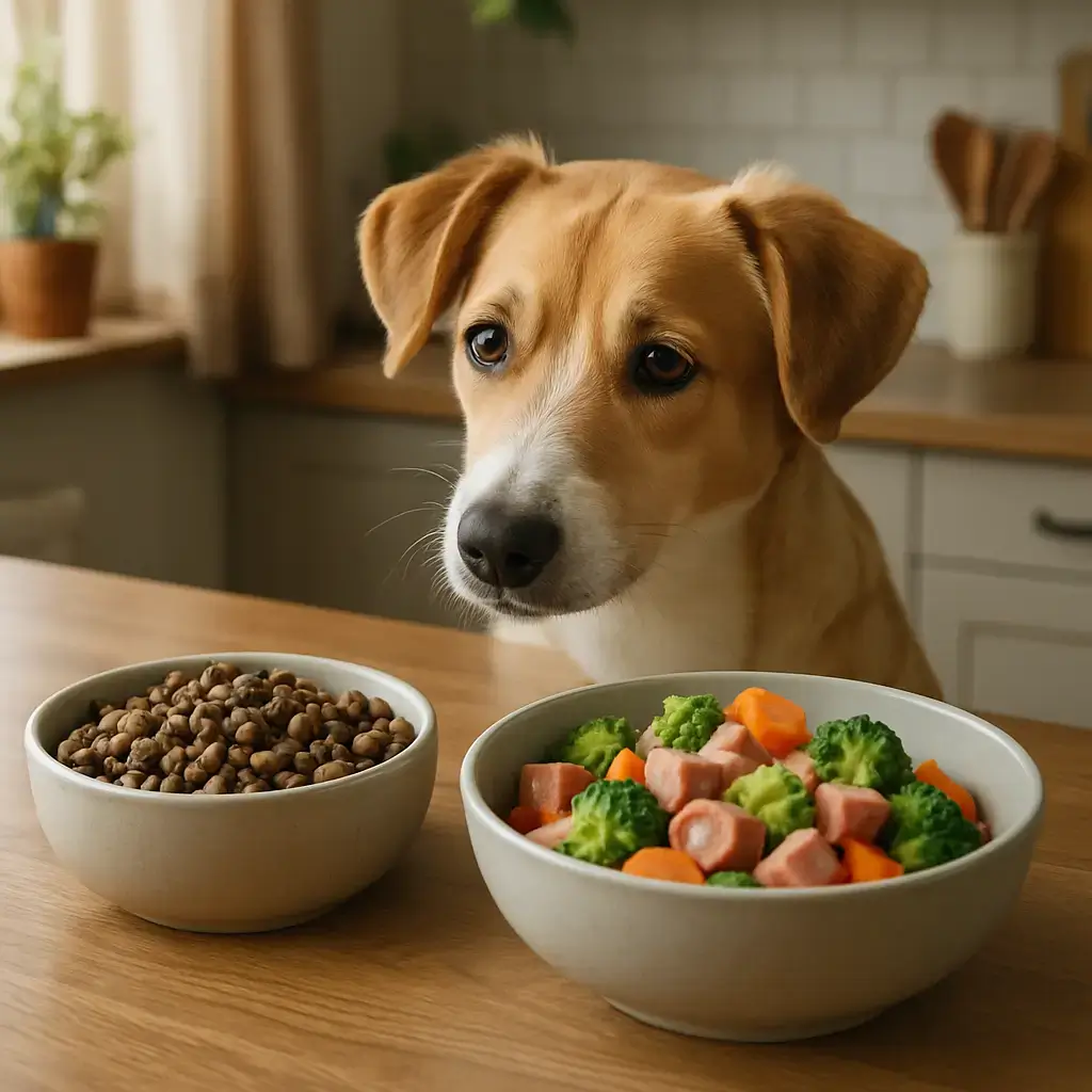 Diferenças entre ração e alimentação saudável para cães Cão ao lado de dois potes: ração seca e alimentação saudável com legumes
