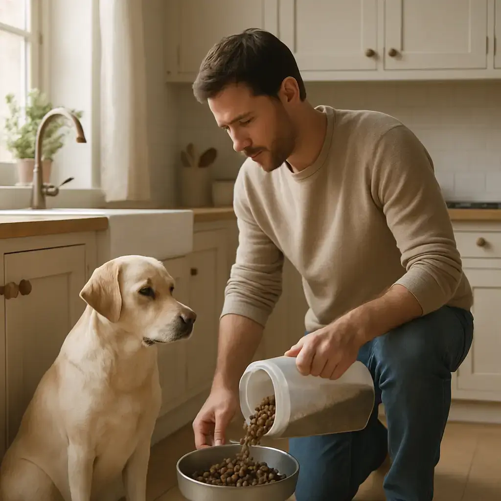 Rotina com alimentação saudável para cão sem complicações Tutor servindo refeição balanceada em tigela para cão em ambiente calmo, com alimentação saudável cão