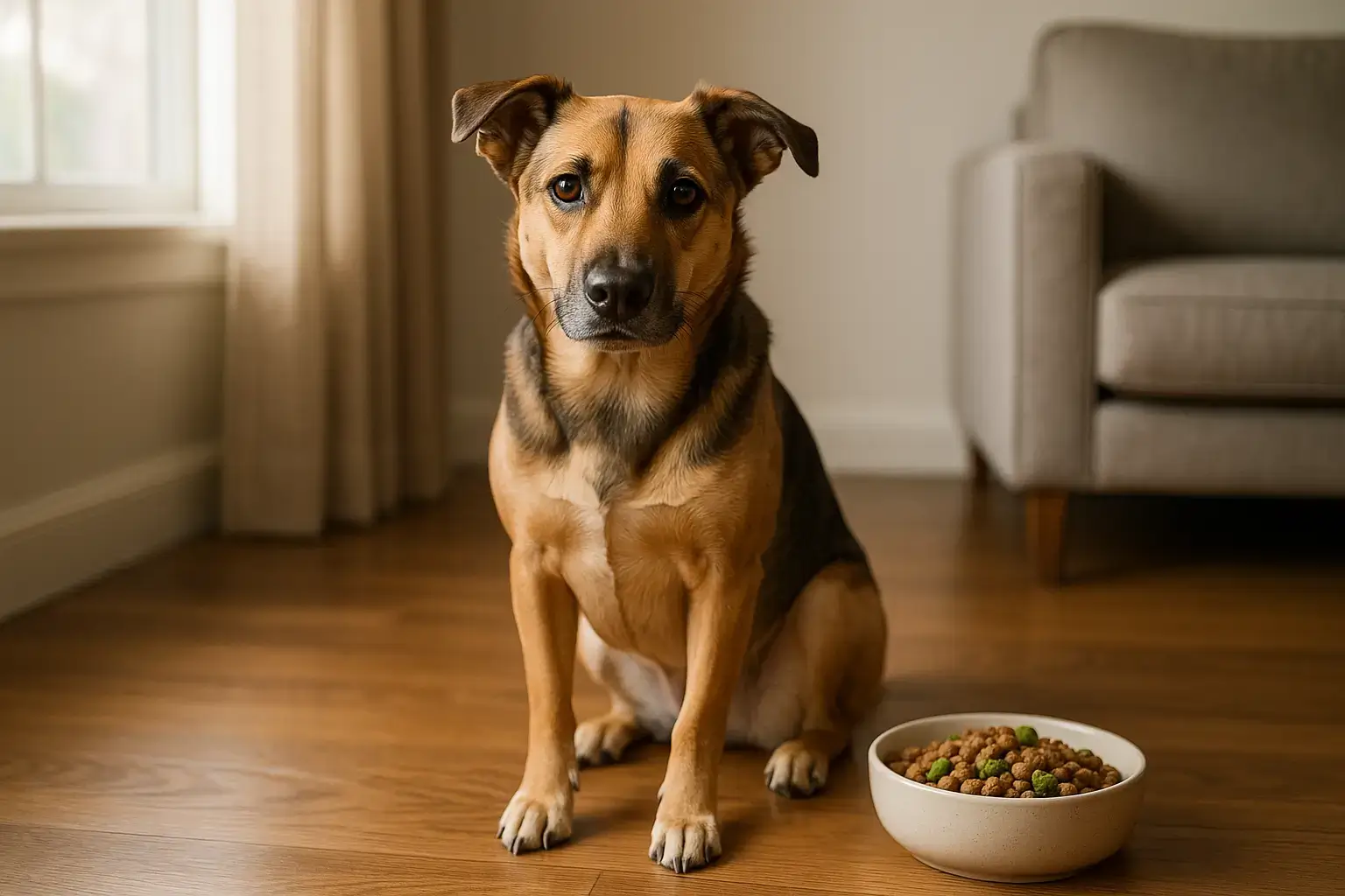 Cão saudável comendo ração natural em ambiente calmo e limpo, representando alimentação saudável cão