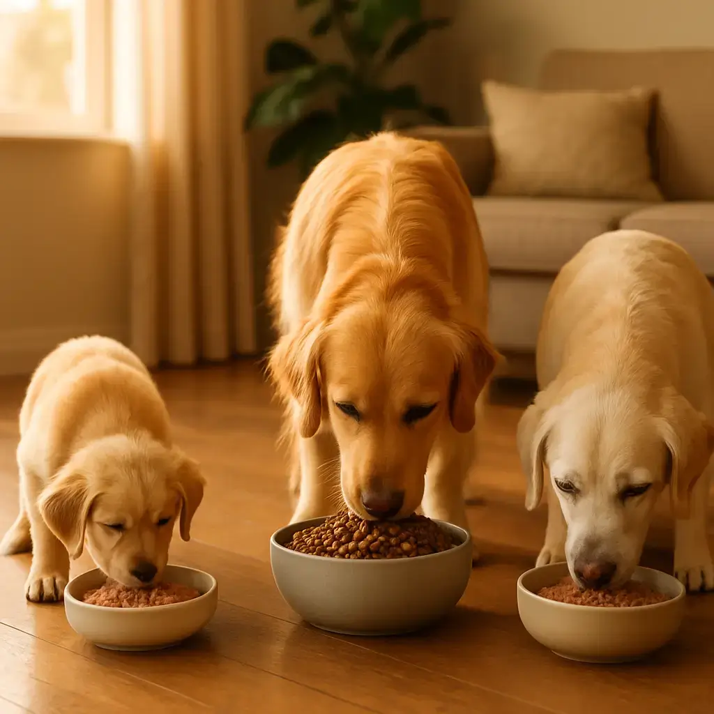 Alimentación saludable para perros según su etapa de vida Perro cachorro, adulto y senior recibiendo alimentación saludable según su etapa