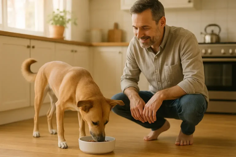 Perro comiendo comida saludable en un tazón limpio junto a su dueño