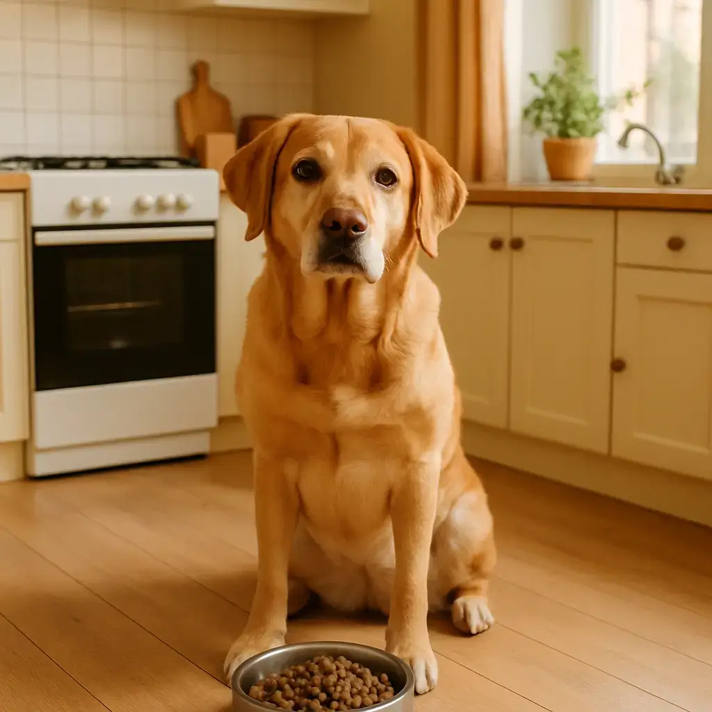 Rutina diaria de alimentación saludable para perro en casa Perro comiendo con tranquilidad en su plato según su rutina de alimentación saludable