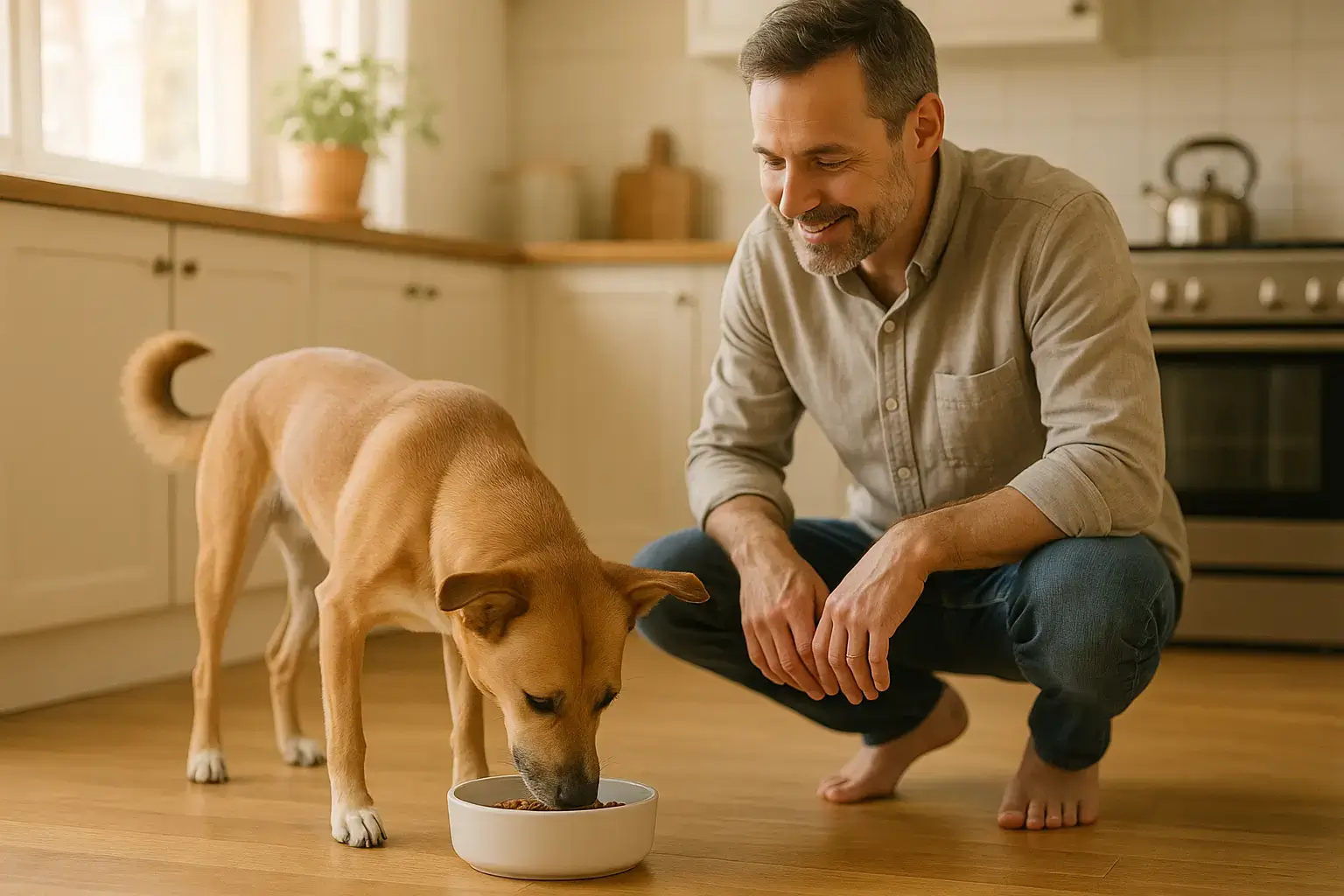 Perro comiendo comida saludable en un tazón limpio junto a su dueño