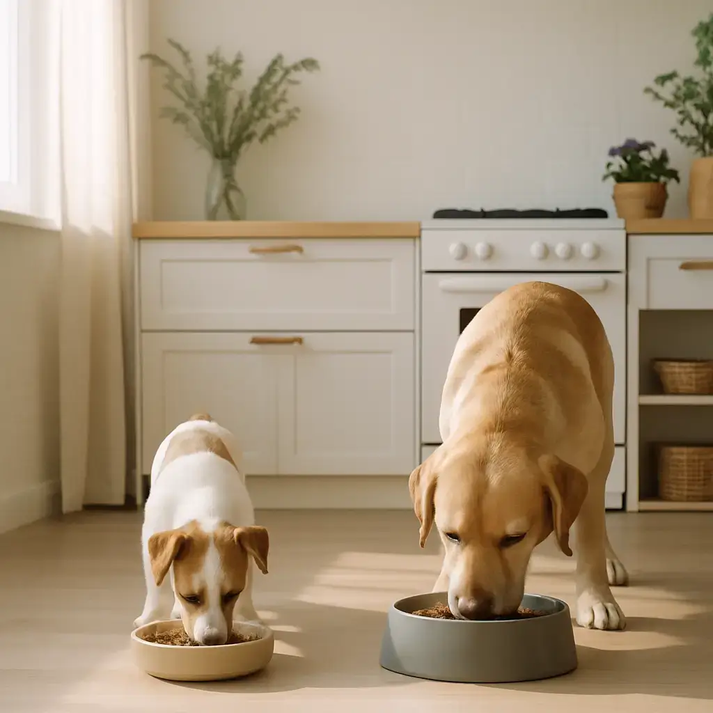 Cómo adaptar la alimentación saludable del perro a su tamaño y salud Perros de distintos tamaños comiendo según una alimentación saludable para perro