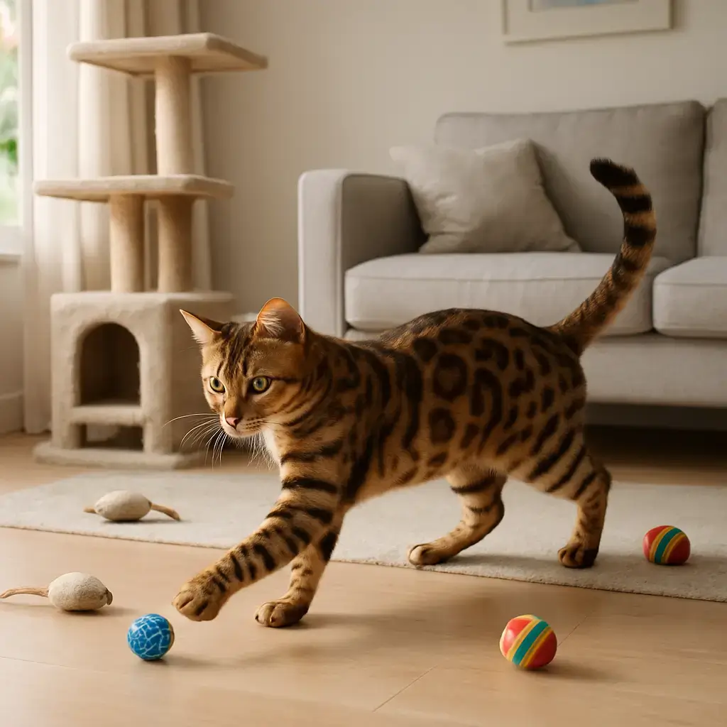 Aménager un espace intérieur stimulant pour un chat bengal Chat bengal actif explorant un arbre à chat dans un appartement lumineux
