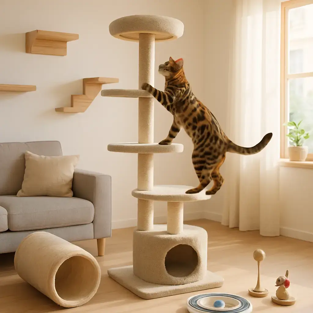 Créer un espace intérieur adapté pour un chat Bengal Chat Bengal actif dans un intérieur enrichi avec jeux, plateformes et cachettes