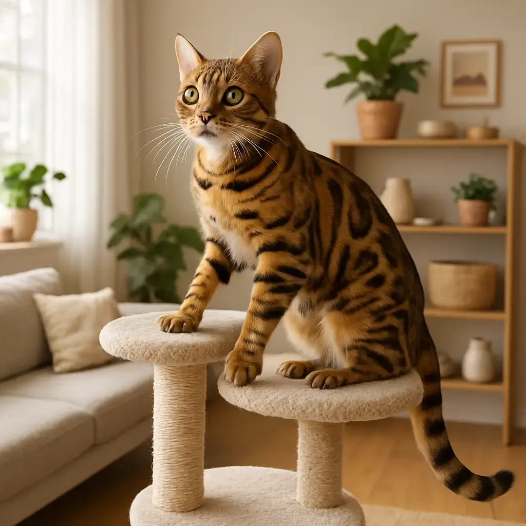 Préparer l’arrivée d’un chat Bengal chez soi en toute sérénité Chat Bengal curieux explorant un salon aménagé avec jouets et arbre à chat