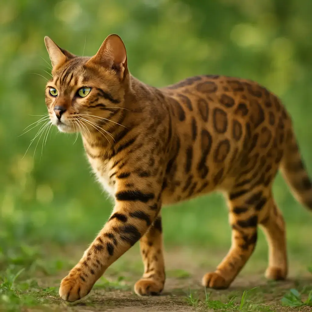 Détails du pelage et de la morphologie du chat Bengal Chat Bengal avec robe tachetée et corps athlétique dans un décor naturel