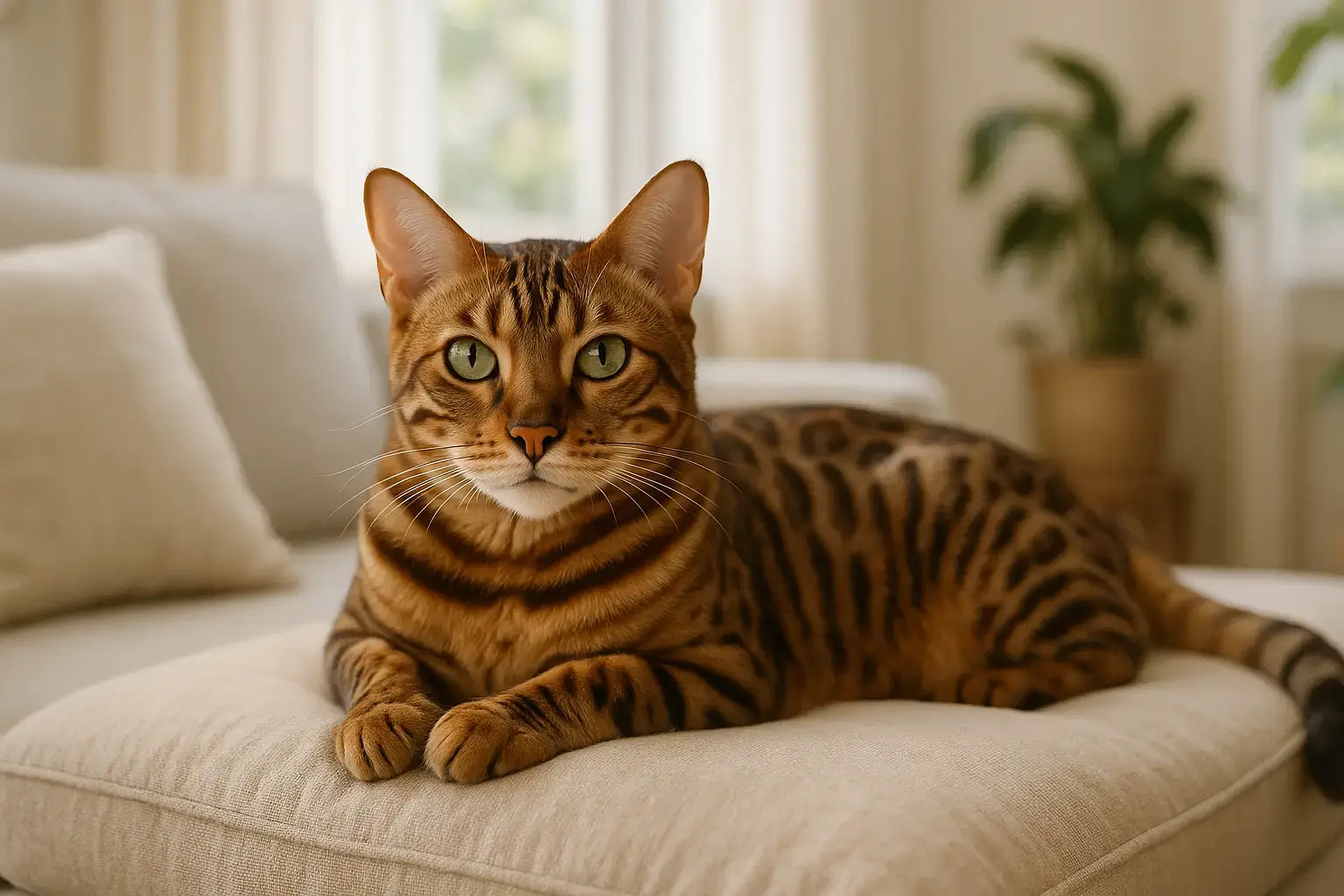 Chat Bengal allongé calmement sur un coussin doux, regard confiant et détendu