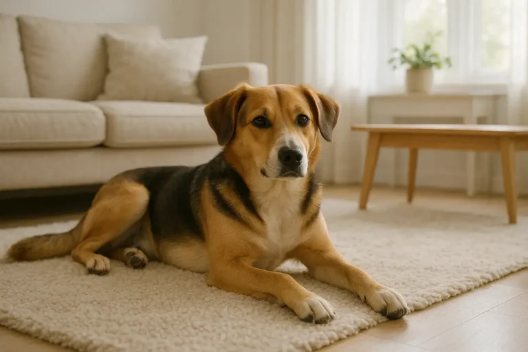 Ein ruhiger Hund liegt entspannt, typische Symptome von Giardien Hund sind thematisiert