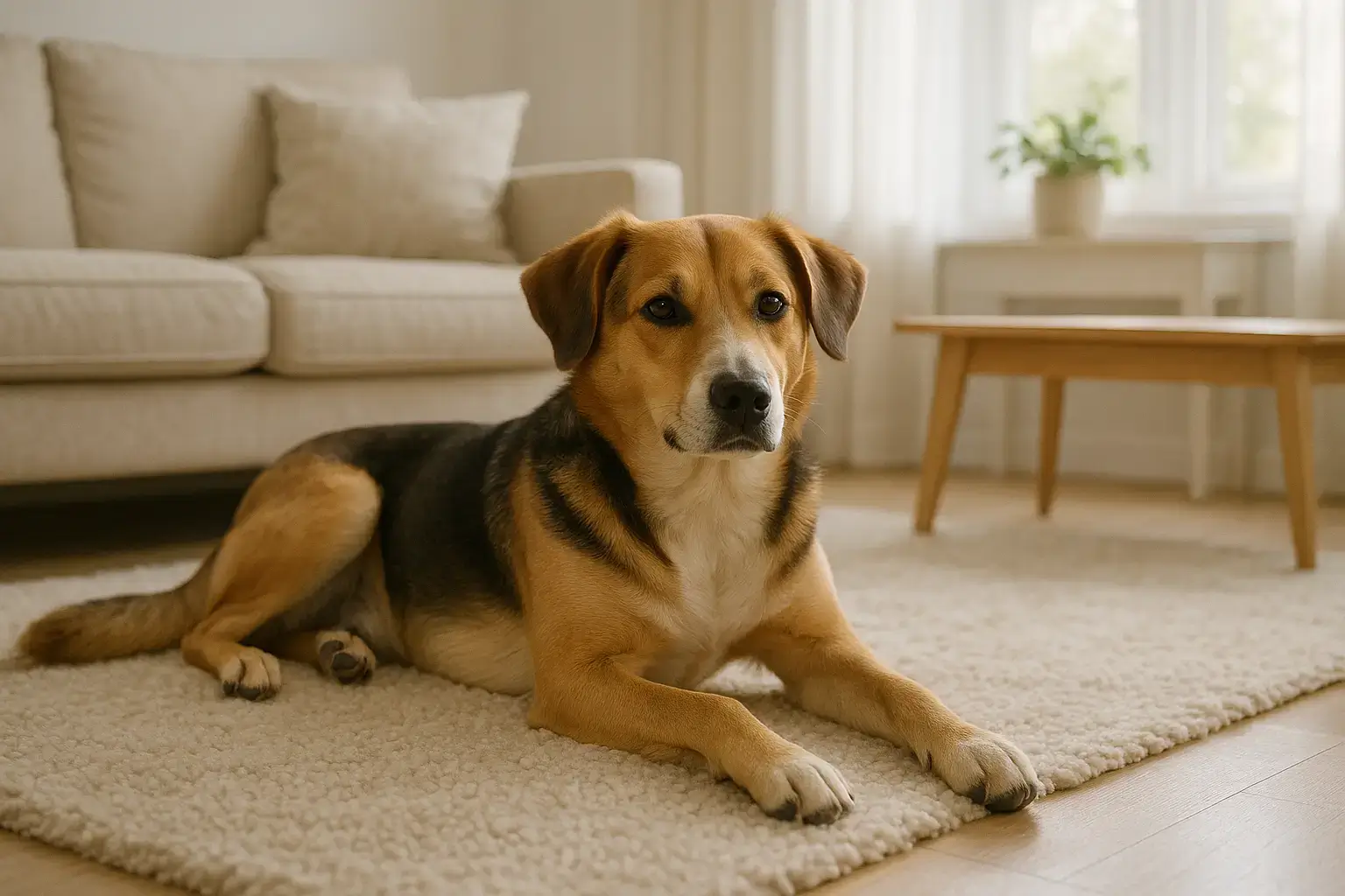 Ein ruhiger Hund liegt entspannt, typische Symptome von Giardien Hund sind thematisiert