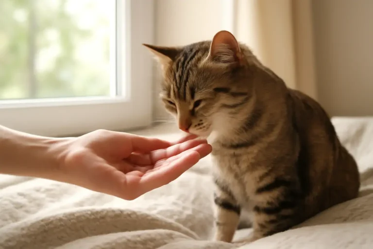 Calm cat eating from owner’s hand with healthy cat treats by a cozy window