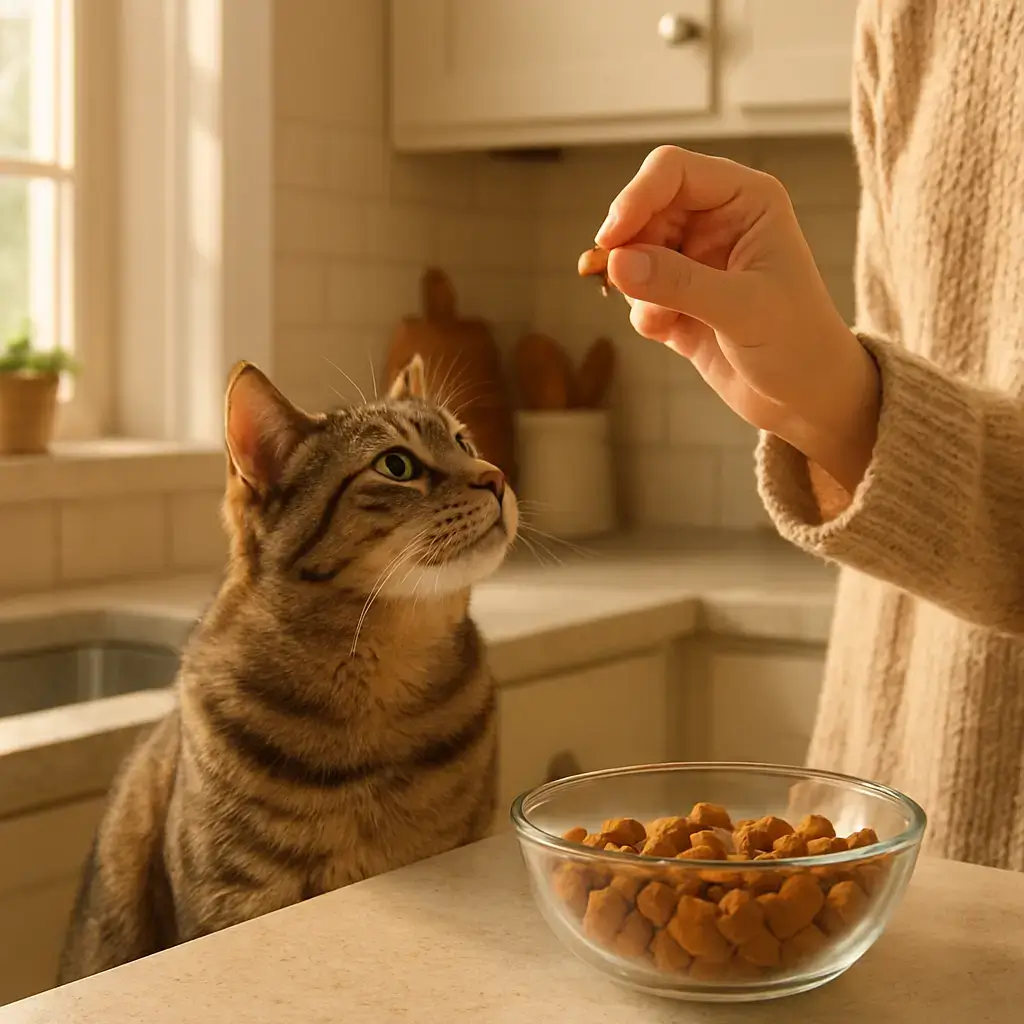 Healthy cat treats with portion and timing tips Healthy cat treats displayed with portions and timing guidance for weight care
