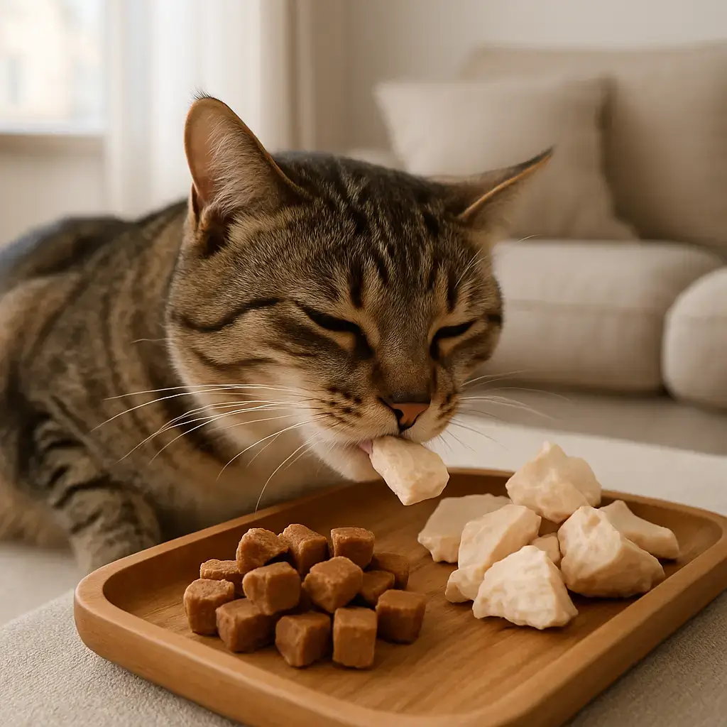 Healthy cat treats that fit your indoor kitty’s routine Indoor cat enjoying healthy cat treats like freeze-dried bites and soft chews