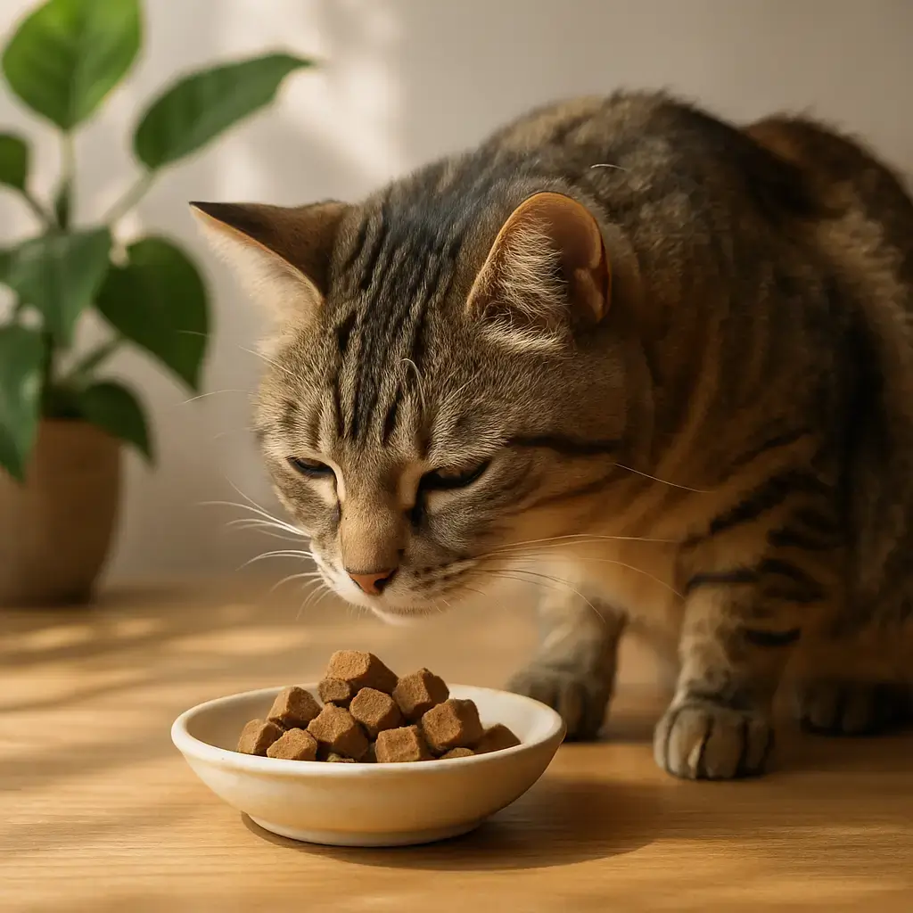 What makes healthy cat treats truly nutritious A curious cat sniffing healthy cat treats made of real chicken and salmon