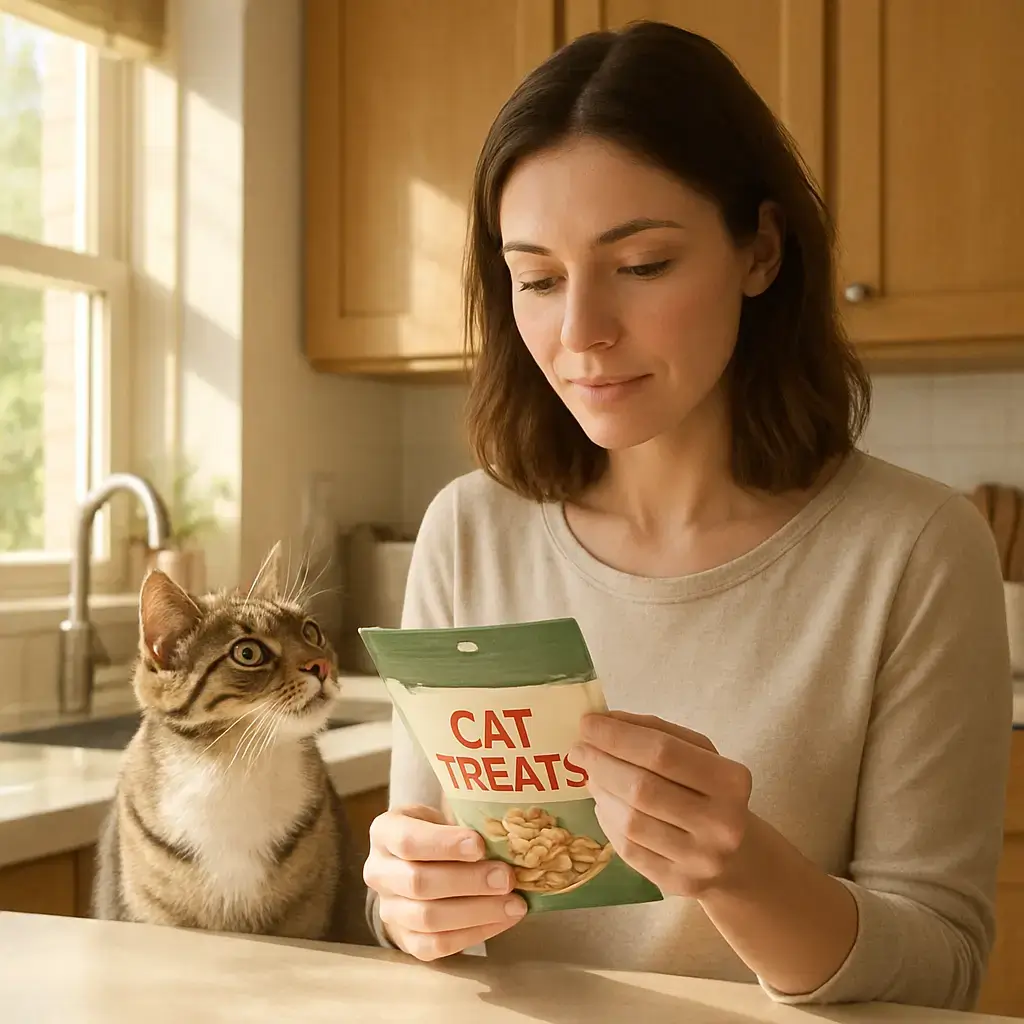 How to choose healthy cat treats by reading food labels A woman checking healthy cat treats labels while her cat watches curiously